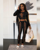 Pure Color Hollow Navel Burning Flower Set Fashion Casual Two-Piece Set