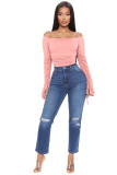 Ribbed flared long-sleeved one-shoulder jumpsuit