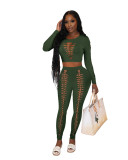 Pure Color Hollow Navel Burning Flower Set Fashion Casual Two-Piece Set