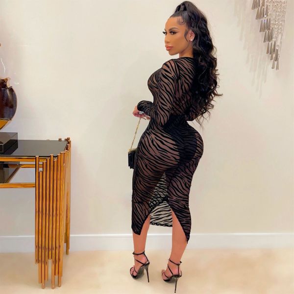 Fashion sexy women's V-neck long-sleeved mid-waist split mesh see-through nightclub dress new