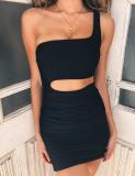 Women's sexy one-shoulder pleated skirt bag hip dress