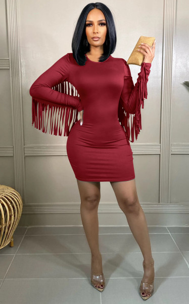 New autumn and winter long-sleeved solid color tassel tight-fitting hip nightclub dress