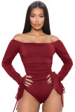 Ribbed flared long-sleeved one-shoulder jumpsuit