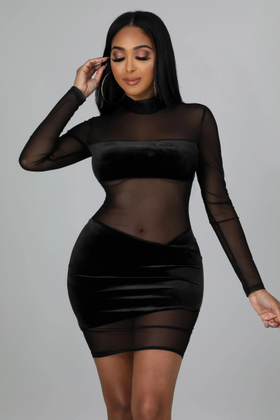 Autumn and winter fashion women's mesh stitching perspective sexy nightclub dress