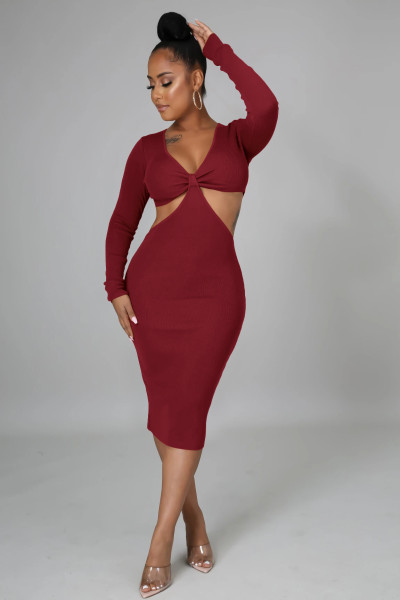 Pure color women's fashion sexy V-neck pit strip long-sleeved waist bag hip skirt
