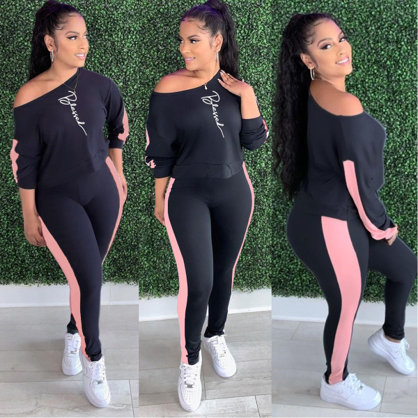 Splicing women's fashion sports and leisure autumn and winter suit printing two-piece suit