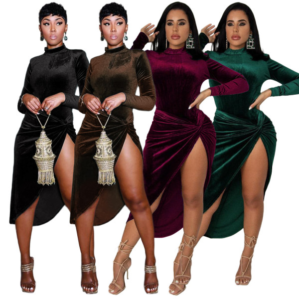 Nightclub wear two-piece velvet turtleneck jacket and knotted skirt