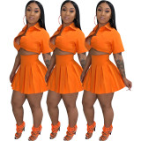 Women's Fashion Sexy Cloth Button Short Skirt Suit All-match Patch Pocket Short Sleeve Pleated Skirt Pure Color Suit