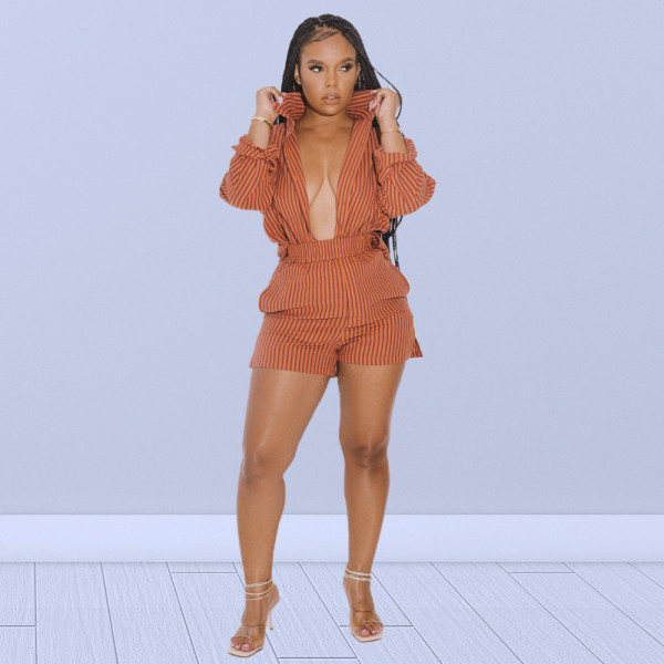 Women's autumn and winter print long-sleeved shirt and shorts two-piece suit