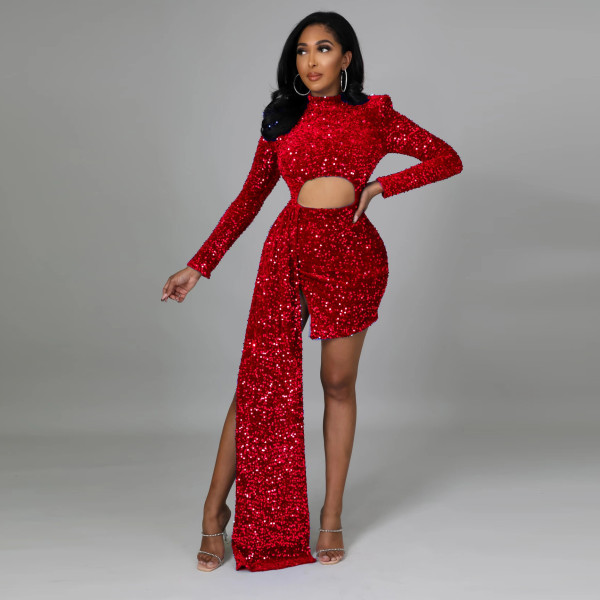 Sequined long-sleeved nightclub sexy padded shoulder dress