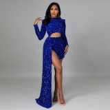 Sequined long-sleeved nightclub sexy padded shoulder dress