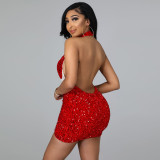 New sexy nightclub party halter see-through sequin bag hip skirt women