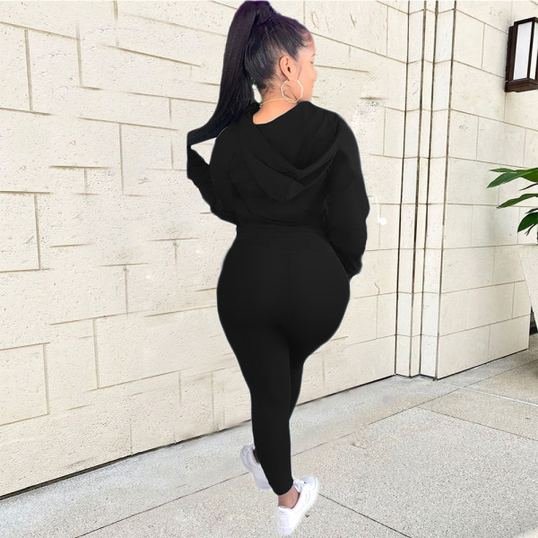 Zipper Hooded Fashion Sports Casual Long Sleeve Solid Color Suit