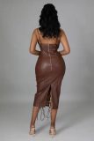 Women's new hot style PU sexy sling leather skirt, eyelet punching and stringing tight dress for women