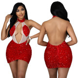 New sexy nightclub party halter see-through sequin bag hip skirt women