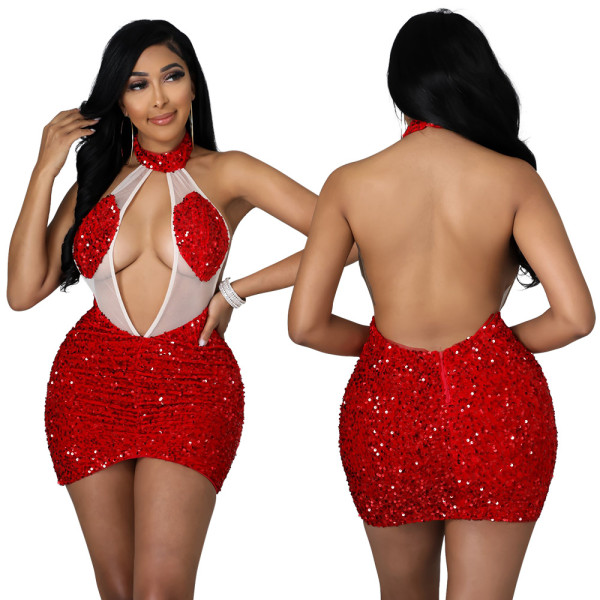 New sexy nightclub party halter see-through sequin bag hip skirt women