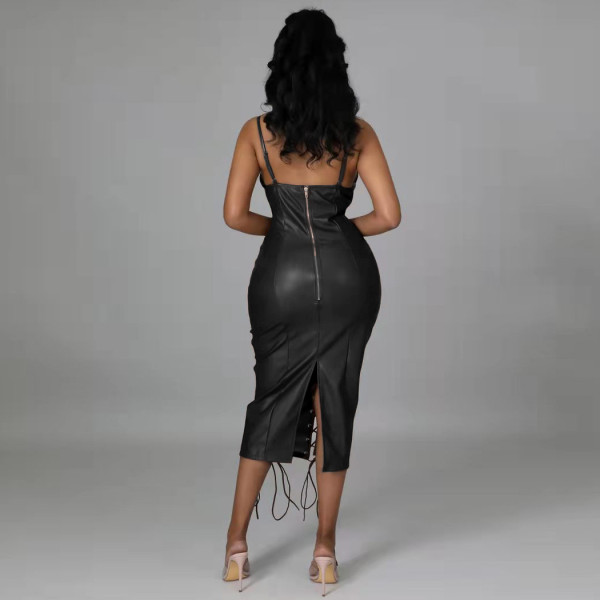 Women's new hot style PU sexy sling leather skirt, eyelet punching and stringing tight dress for women