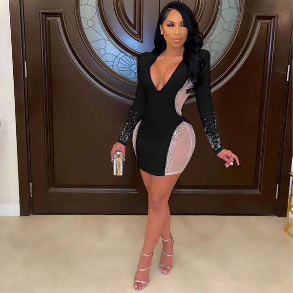 Explosive plus size sexy nightclub dress new long-sleeved net yarn hot diamond dress bag hip skirt