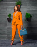 Pure color fashion casual autumn waist small suit two-piece suit