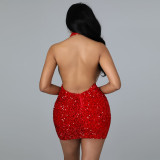 New sexy nightclub party halter see-through sequin bag hip skirt women