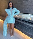 Women's semi-high neck mesh gauze sequin tight-fitting hip evening dress sexy dress