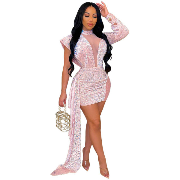 Women's semi-high neck mesh gauze sequin tight-fitting hip evening dress sexy dress