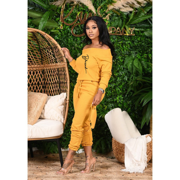Women's pit strip high elasticity loose one-shoulder letters casual autumn and winter two-piece suit