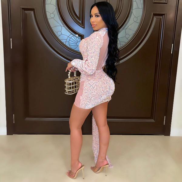 Women's semi-high neck mesh gauze sequin tight-fitting hip evening dress sexy dress