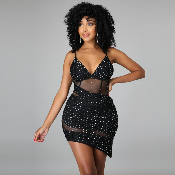 Fashion sexy V-neck sling hot diamond perspective irregular waist dress