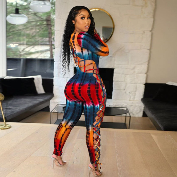 New long-sleeved sexy low-cut tethered large size tight-fitting printed jumpsuit women
