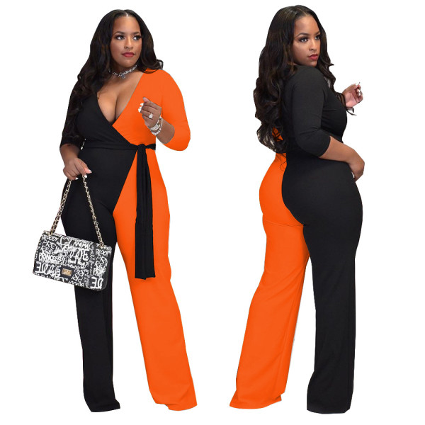 Plus size women's fashion sexy solid color two-piece jumpsuit