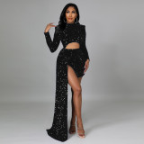 Sequined long-sleeved nightclub sexy padded shoulder dress