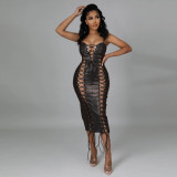 Women's new hot style PU sexy sling leather skirt, eyelet punching and stringing tight dress for women