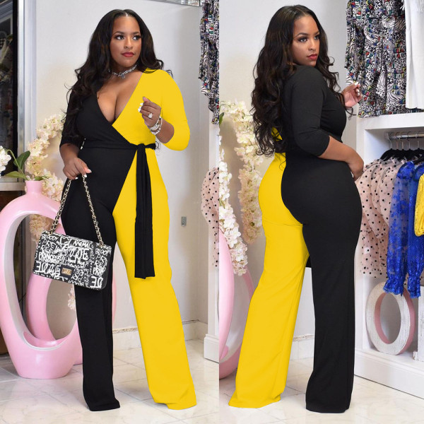 Plus size women's fashion sexy solid color two-piece jumpsuit