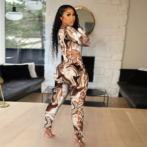 New long-sleeved sexy low-cut tethered large size tight-fitting printed jumpsuit women