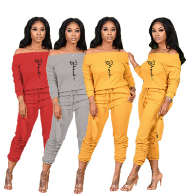 Women's pit strip high elasticity loose one-shoulder letters casual autumn and winter two-piece suit