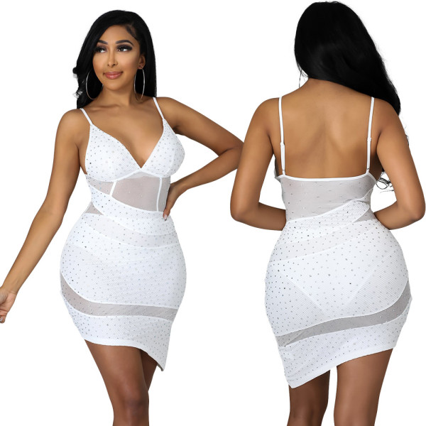 Fashion sexy V-neck sling hot diamond perspective irregular waist dress