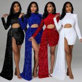 Sequined long-sleeved nightclub sexy padded shoulder dress