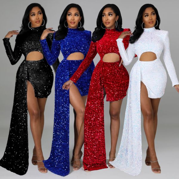 Sequined long-sleeved nightclub sexy padded shoulder dress
