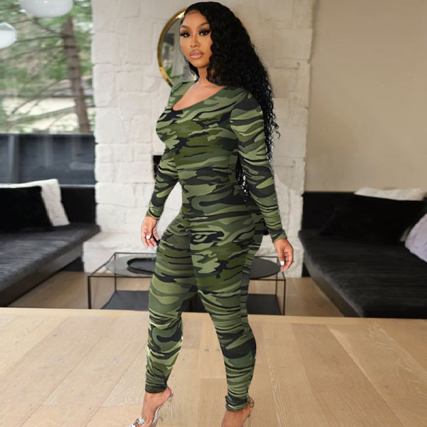 New long-sleeved sexy low-cut tethered large size tight-fitting printed jumpsuit women