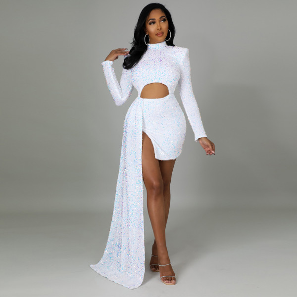 Sequined long-sleeved nightclub sexy padded shoulder dress
