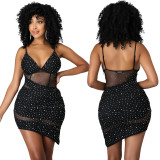 Fashion sexy V-neck sling hot diamond perspective irregular waist dress
