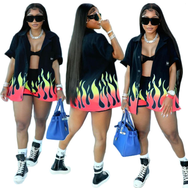 Flame print sexy suit collar two-piece fashion women's suit