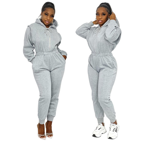 Women's new fall/winter leisure pull-up sweater hooded sports fitness jumpsuit
