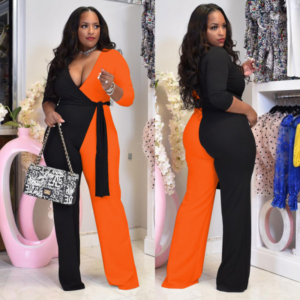 Plus size women's fashion sexy solid color two-piece jumpsuit