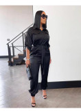 Women's casual fashion solid color high waist pocket tooling short sleeve shirt jumpsuit