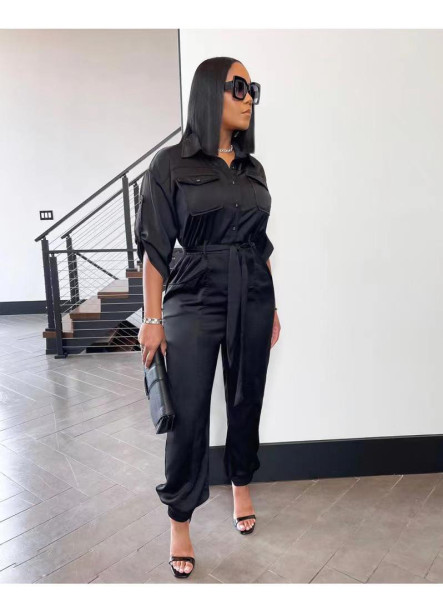 Women's casual fashion solid color high waist pocket tooling short sleeve shirt jumpsuit