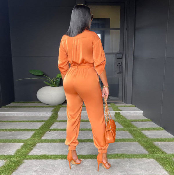 Women's casual fashion solid color high waist pocket tooling short sleeve shirt jumpsuit