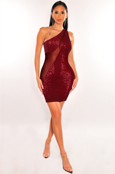 New sexy stitching women's short skirt mesh sequined hip dress women