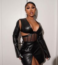 New women's fashion sexy mesh low-cut fishbone corset bag hip imitation leather dress